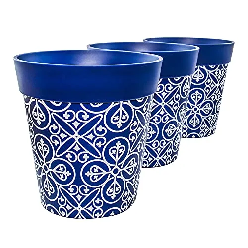 Hum Flowerpots, Set di Tre Vasi per Piante da 22 cm, Vari Modelli, Colori e Dimensioni, per Interni ed Esterni, Marocchino Blu