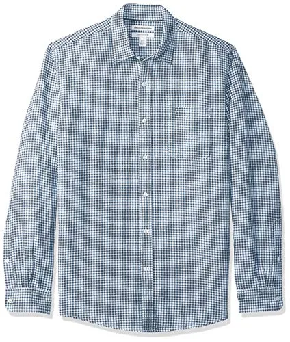 Amazon Essentials - Camicia da uomo a maniche lunghe in lino, a quadretti, vestibilità standard, Navy Gingham, US XXL (EU XXXL - 4XL)