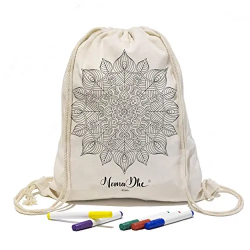 Nomadhe Kit_Zaino Sacca Sportiva e Borsa Shopper da Viaggio in 100% Cotone con Disegno da Colorare + Set di 5 Pennarelli da Tessuto, Idea Regalo per Ragazza e Ragazzo Mandala (Sacca, Roma)