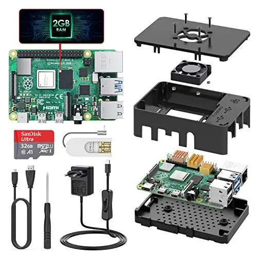 TICTID Raspberry Pi 4 Model B 2GB RAM Starter Kit Aggiornato Raspberry pi 3 con MicroSD Card 32GB, Tipo C Alimentatore 5V 3A con Interruttore, Ventola, Micro HDMI, Custodia e Lettore di Scheda