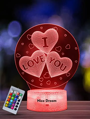 Nice Dream Luce Notturna a Forma di Cuore per Bambini, Lampada da Illusione 3D Luce LED, Telecomando 16 Cambia Colore Dimmerabile, Regali di Natale per Ragazze Ragazzi Arredamento Camera da Letto