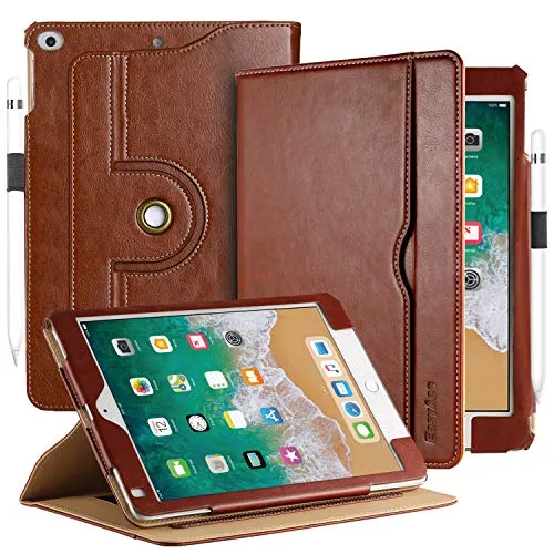 EasyAcc Custodia per iPad 2018 2017 9.7, 100% Realizzato in Pelle, 360 Gradi di Rotazione Cover Protettiva, Organizzatore Pocket Funzione per iPad 9.7 2018 2017/ iPad Air/iPad Air 2, Marrone