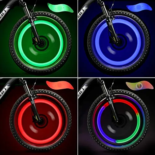 TAGVO 4pz Luce del Raggio della Bici(rosso+verde+blu+multicolore)con scatola delicata, Impermeabile&Facile da Installare, luci raggi ruote Lampada flash LED per pneumatici al neon,3 modalità di flash