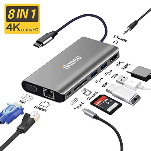 Bnoeo Hub USB C 8 in 1 Adattatore HDMI 4K VGA PD 100W Ethernet 1000Mbps Slot SD/TF 3.5Audio/Mic 4 USB 3.0 per MacBook PRO/Air Surface Go/Pro7 Samsung Dex S10 S9 S8 Huawei P20/30 Mate20