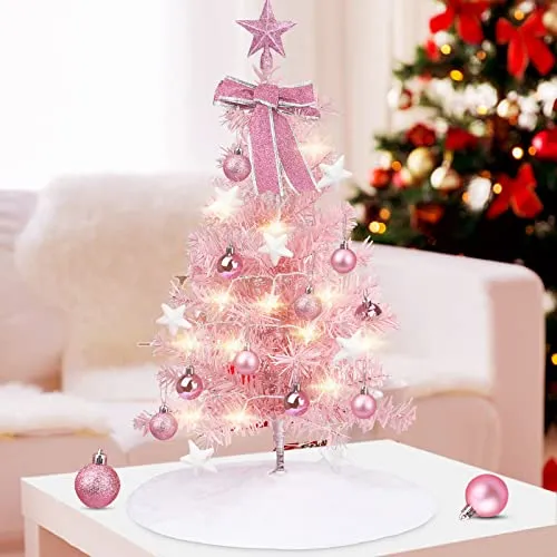 Ozrpn Mini albero di Natale,albero di Natale artificiale da tavolo di 60cm, stringhe di luce LED,tappo dell'albero a forma di stella,ciondolo a palla di Natale,con gonna dell'albero di Natale (Rosa)