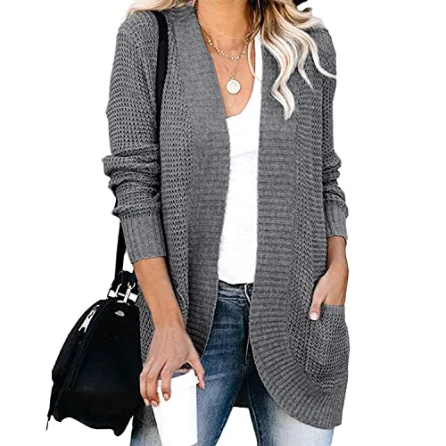 JFAN Cardigan Donna Morbido e Leggero a Manica Lunga Lavorato a Maglia Cardigan Elegante con Tasche Autunno Inverno Giacca Calda Grigio Scuro,L