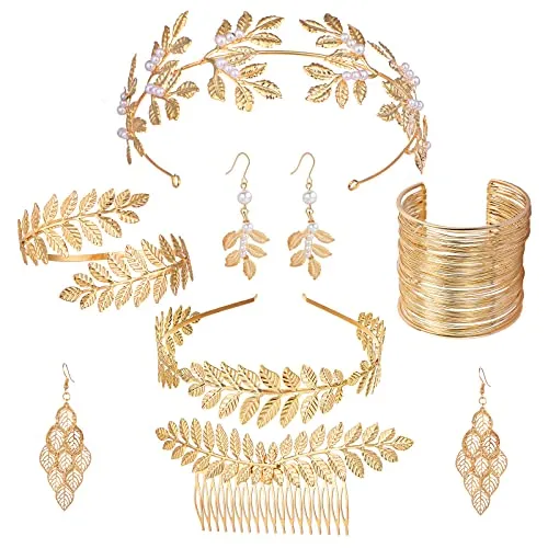 Comius Sharp 7 Pezzi dea Greca Costume Gioielli set per le Donne, Romano Alloro Foglie Corona Tiara Capelli Pettine Bracciale Braccio Superiore Bracciali Orecchini Vortice Oro Matrimonio Toga Party