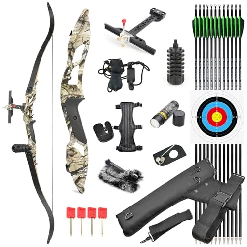 56" Takedown Arco Ricurvo e Frecce Archi Ricurvi 30-50lbs Arc de Chasse Adulti Riser in Lega di Alluminio Longbow con Frecce in Carbonio per Tiro con l'arco (Camo, 40lbs)