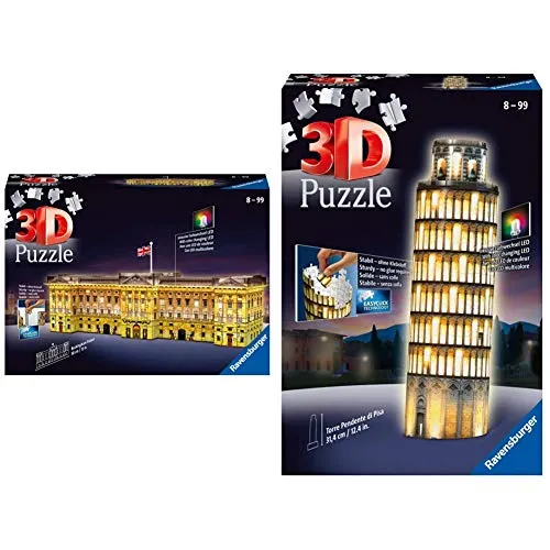 Ravensburger 12529 Buckingham Palace Night Edition Puzzle, 3D & Italy- Torre Di Pisa Puzzle, 3D Building, Night Edition, 12515