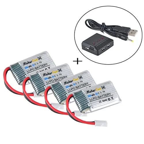 Hootracker 4pcs 3.7v 250mAh 20c Lipo Battery Parts with 1pcs 4 in 1 Battery Charger for Syma X4 X11 X11c And Walkera Mini CP/QR Ladybird UDI U816A U830 RC Quadcopter Drone Parts