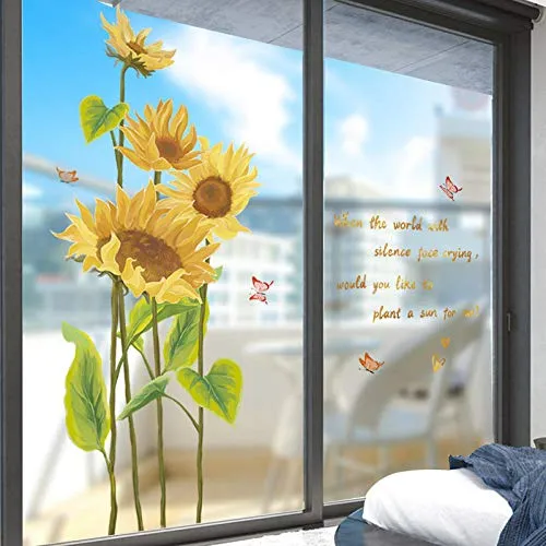 Adesivi per porte in vetro piante fresche idilliache adesivi murali tridimensionali per porte e finestre scorrevoli decalcomanie per fiori-Girasole dipinto a mano (nuova imposizione) _Extra large