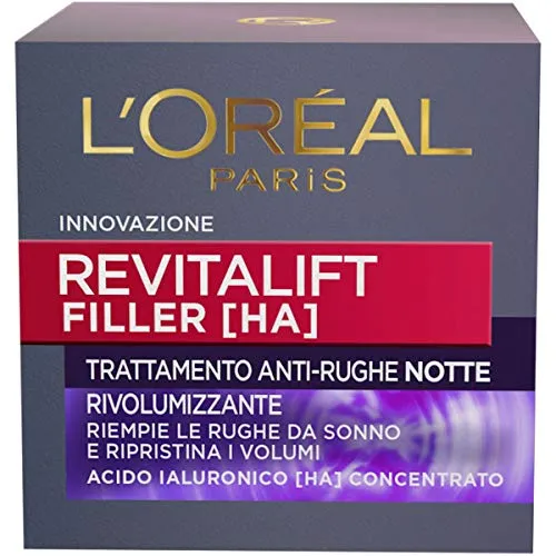 L'Oréal Paris Crema Viso Notte Revitalift Filler, Azione Antirughe Rivolumizzante con Acido Ialuronico Concentrato, 50 ml