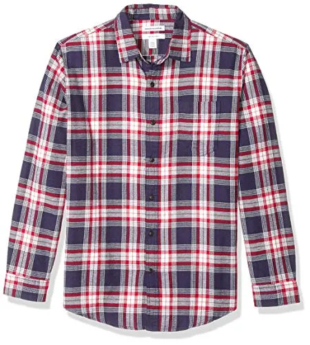 Amazon Essentials - Camicia da uomo, a maniche lunghe, vestibilità standard, a quadri, in flanella, Rosso (Red/White/Blue Plaid), US S (EU S)