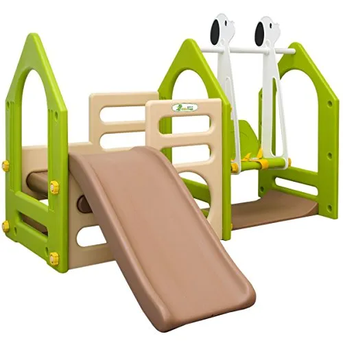 LittleTom Palestrina per Bambini Prima Infanzia da 1 ai 6 Anni | Casetta Gioco munita di Scivolo + Altalena + Pannelli per Arrampicata | per Interni ed Esterni | Multicolore Beige Verde Marrone