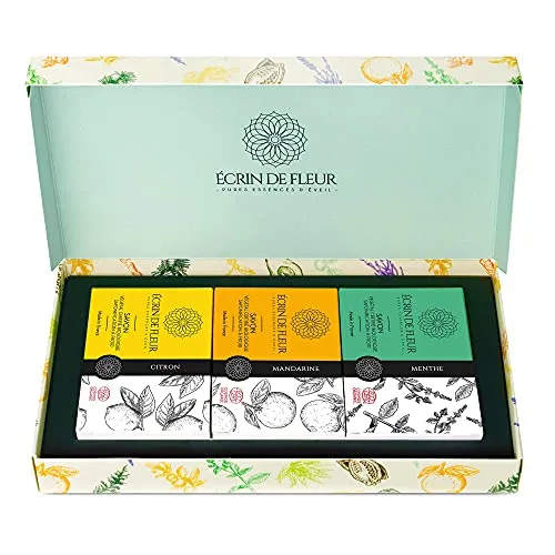 Écrin De Fleur – Set Saponette Regalo – 3 Saponette Organiche - Limone, Menta e Mandarino - Saponi Solidi, Saponi Naturali, Saponi Artigianali, Saponette Corpo, Saponette Vegane, Certificati BIO