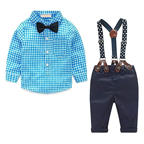 Yilaku Abbigliamento Set per Bambino Ragazzo Camicia a Quadri Manica Lungo + Pantaloni + Bretelle + Papillon Bambini 4 Pezzi Vestiti Set Completo di Ragazzi