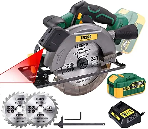 Sega Circolare, POPOMAN 18V Sega Circolare 4300RPM, una 4.0Ah Batteria, 1h Caricatore Rapido, Profondità di Taglio 52mm (90°), 35mm (45°), 2 Lame Ø 165mm per Tagliare Legno- MTW300B