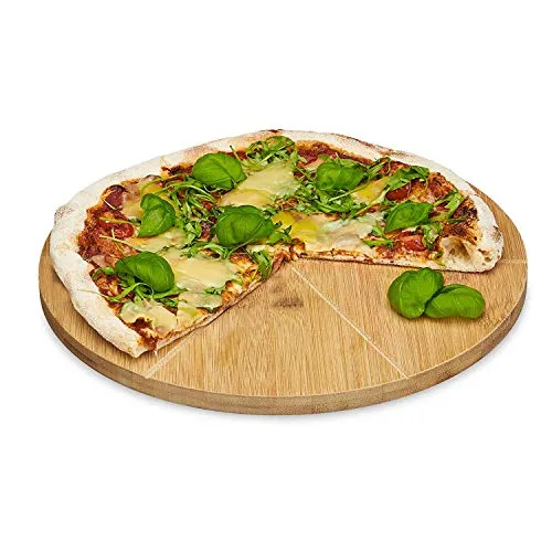 Relaxdays Piatto Pizza Rotondo, Diametro 33 cm, Tagliere con 6 Scomparti per Fette, Vassoio da Portata, Legno Naturale, Marrone, 33x33x1.5 cm