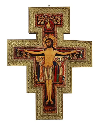 Crocifisso San Damiano da parete stampa su legno bordo oro - 23 x 17 cm