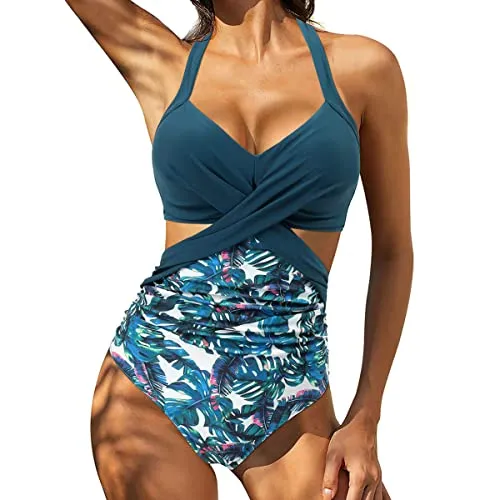 DURINM Costume da Bagno Donna Estivo con Scollo A V Stampa Costume da Bagno Donna Intero da Spiaggia Retro Tankini Donna Push Up Costume da Bagno Donna Intero Un Pezzo Bikini