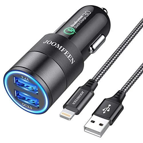 JOOMFEEN Caricabatteria Auto USB,Qualcomm Quick Charge 3.0+2.4A 30W Rapido Caricatore Adattatore Doppio per Auto USB con 3ft Cavo per iPhone XS, XR, X, 8, 8 Plus, 7, 7 Plus, 6s, 6s Plus,5s,5,Se