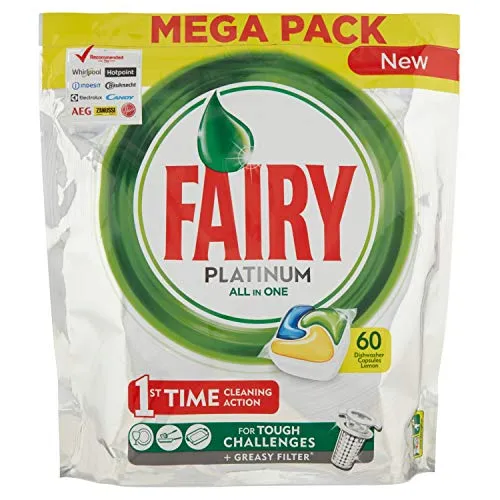 Fairy Platinum 60 Pastiglie Per Lavastoviglie, Detersivo in confezione da 60 Caps, Limone