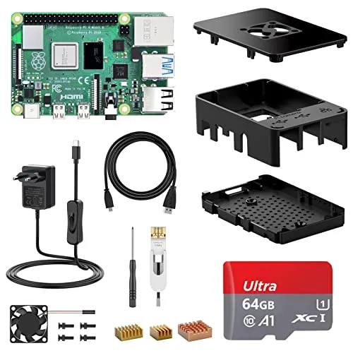 NinkBox Raspberry Pi 4 Modello B, RPi Barebone 4GB RAM + ROM 64GB, Starter Kit:Alimentatore 5.1V / 3A con Interruttore, Ventola, 2 Cavi Micro HDMI,dissipatore di Calore