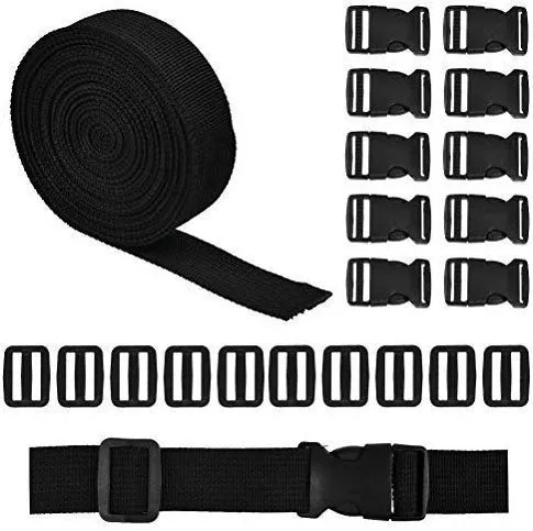 WOWOSS Fettuccia con Fibbie Cinturino Nero 5m e 10 Set di Fibbie in plastica per Zaini, Valigie e Cinghie per Animali