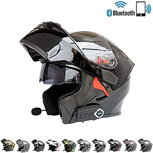 Qinsir Uomo Donna Antivento Caschi,Bluetooth Casco Crash D.O.T Certificazione-Integrali Corsa Flip Anteriore Risponditore Automatico Anti-Nebbia Doppio Specchio con FM,C,XXL=(63~64CM)