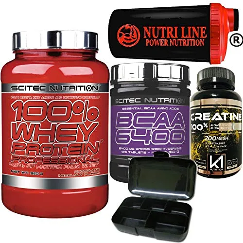 SCITEC NUTRITION WHEY PROTEIN PROFESSIONAL 920 gr. CIOCCOLATO PROTEINE DEL SIERO DEL LATTE + CREATINA 100% 100 gr.+ 125 AMINOACIDI RAMIFICATI BCAA 6400 + SHAKER E PORTAPILLOLE NUTRILINE IN OMAGGIO