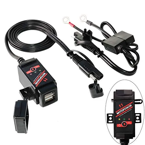 MOTOPOWER MP0608-UK - Caricatore doppio USB da 3,1 Amp e monitor della batteria con interruttore di controllo