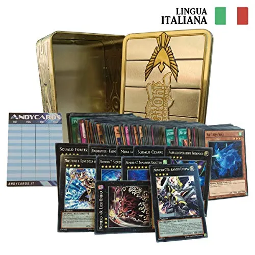 Lotto 100 Carte Yu-Gi-Oh! in Italiano con min. 7 Mostri XYZ dei Quali 3 Sono Mostri Numero + 1 Tin Portacarte + 1 Segnapunti Andycards