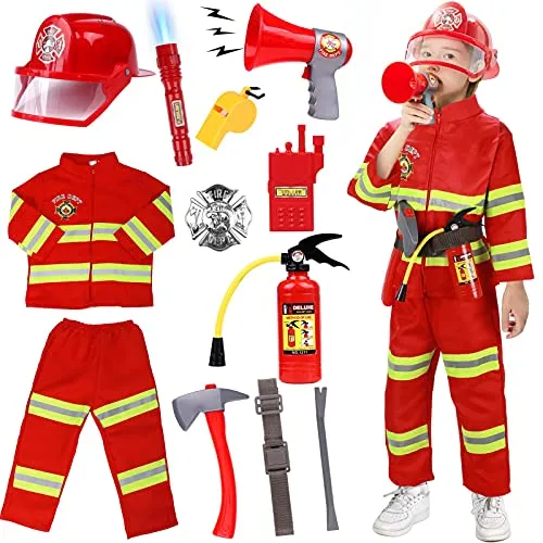 Tacobear Vigile del Fuoco Pompiere Costume per Bambini con Estintore Giocattolo Casco Antincendio Pompiere Giocattoli Gioco di Ruolo per Bambini Carnevale Halloween 3 4 5 6 7 8 9 Anni (M(120CM))