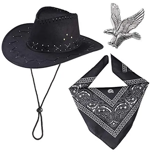 Haichen Western Cowboy Costume Accessori Set Cappello da Cowboy Bandana Flying Eagle Pin Cowboy Outfit Kit per Halloween Party Dress Up (Nero)