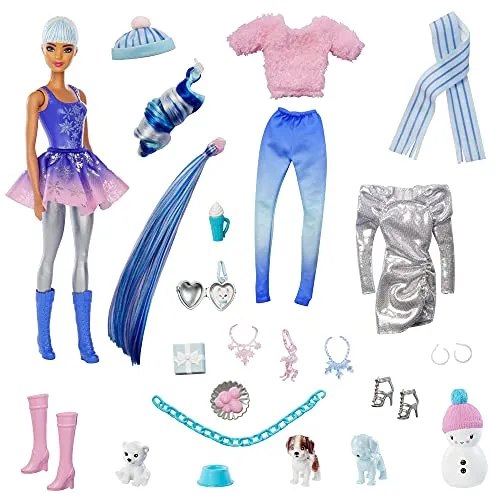 Barbie - Calendario Dell'Avvento Color Reveal con 25 Sorprese, Tra Cui 1 Bambola e 1 Cucciolo, HBT74
