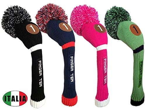 FINGER TEN Knit Golf Headcover Set Legno di Driver Fairway Hybrid 1 3 5，e Ibrida Collo Lungo, Grande Pom Pom,Golf Copri Testate, Coprimazza Golf (Dark Blue/Red, 1 Pack(Hybrid 5#)