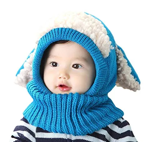 DELEY Unisex Bambino Autunno Inverno Maglia di Lana Carino Animale Cane Paraorecchie Sciarpa Cappello Cappelli Cappuccio Natale Regalo Blu