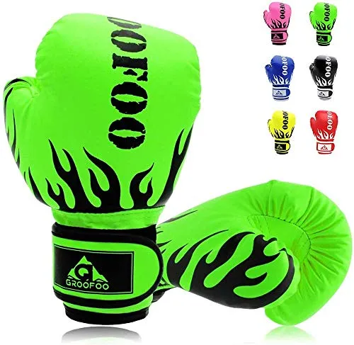 GROOFOO Guantoni da Boxe per Bambini 6oz Guanti da Boxe Sparring Allenamento per MMA Muay Thai Kick Boxing età da 3 a 9 Anni Verde