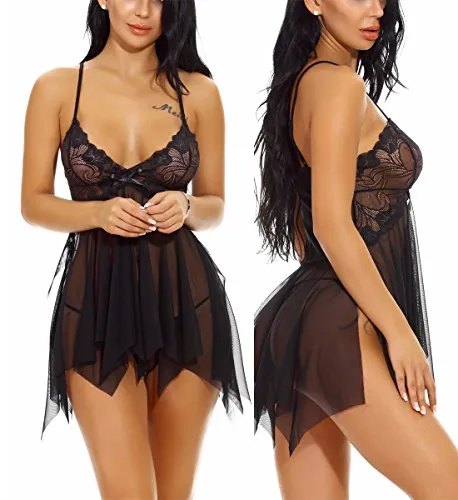 Xooloveer Donna Babydoll Di Pizzo Lingerie Sexy trasparente Side Aperto + G-Stringa, Nero, XL