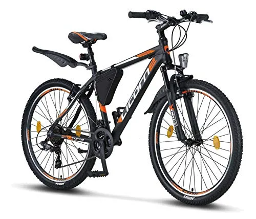 Effetto (nero/arancione), mountain bike da 26", adatta da 150 cm, cambio Shimano 21 velocità, sospensioni a forcella, bici per ragazzi e bici da uomo, borsa telaio