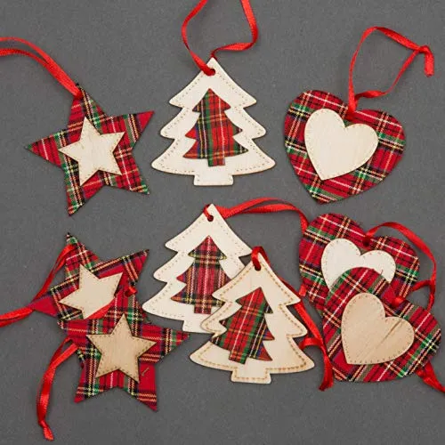 Shatchi, decorazioni per albero di Natale in legno, per decorazioni estetiche da appendere, set di 9 pezzi, decorazione per la casa a 3 stelle, 3 cuori, 3 pezzi a forma di albero (8 cm)