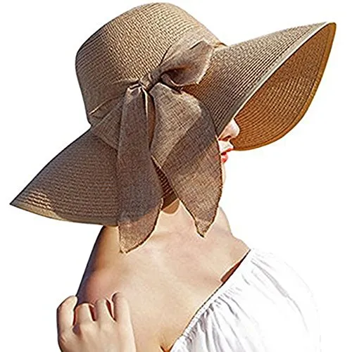 DRESHOW Donne Protezione Solare Cappello da Sole Estate Cappello da Sole di Paglia Cappello Tesa Larga Elegante Cappello da Spiaggia Pieghevole da Spiaggia UPF 50+