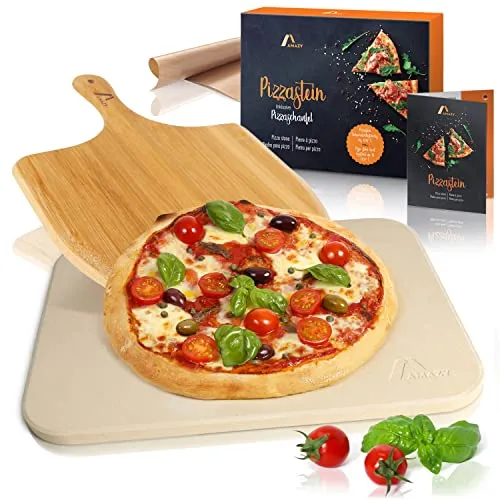 AMAZY Pietra refrattaria per Pizza da Forno, incl. Pala in bambù, Carta da Forno Riutilizzabile e Ricettario –Pietra Pizza dal Sapore Italiano (38x30x1,5cm)