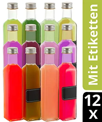 12 bottiglie di vetro 250 ml rettangolari – tappo a vite – 12 etichette con penna – bottiglie vuote