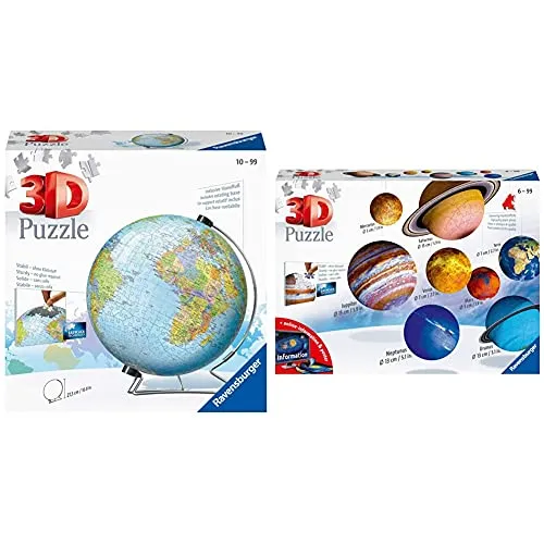 Ravensburger 12436 Globo 3D Puzzle, 540 Pezzi, Multicolore, Eta Raccomandata 10+, 27.5 X 23.3 Cm & 11668 Il Sistema Planetario 3D Puzzleball, 540 Pezzi, Multicolore, 8 Pianeti, Eta Raccomandata 6+