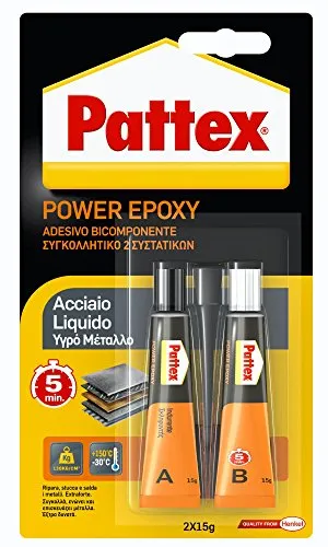 Pattex Power Epoxy Acciaio Liquido, colla epossidica bicomponente color metallo a base di resina epossidica, forte adesivo epossidico per metalli e altri materiali, 2x15g