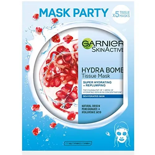 Garnier SkinActive, Maschera in tessuto super-idratante ed energizzante Hydra Bomb, Per pelli disidratate, Melograno, Confezione da 5