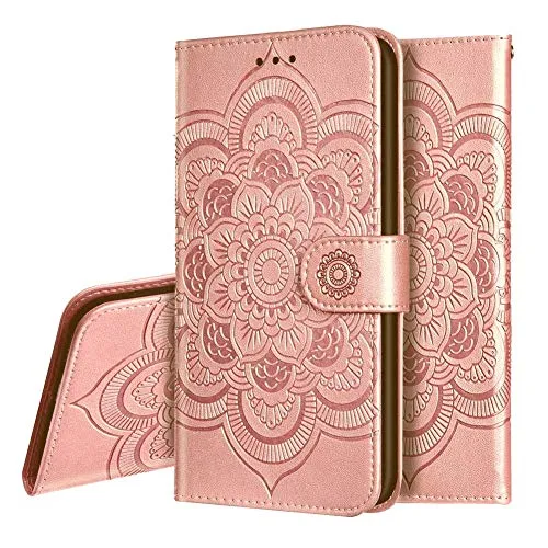 IMEIKONST Xiaomi Mi 9 SE Custodia Embossed Premium Phone Cover a Libro in Pelle PU Flip Portafoglio Holder Protettiva Magnetic Stand Caso per Xiaomi Mi 9 SE Mandala Rose Gold LD