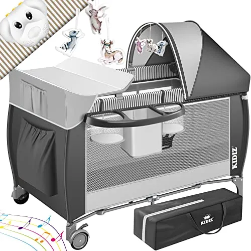 KIDIZ® lettino 3 in 1 Lettino da viaggio Set combinato lettino con fasciatoio Zanzariera Box bambino dalla nascita fino a 15 kg ariose pareti laterali con ingresso laterale, Grigio