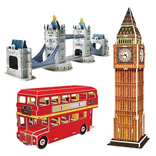 CubicFun Puzzle 3D UK Collezione di Kit di Modelli architettonici di Londra Toy, Big Ben, Tower Bridge e Double Decker Bus Set Regalo 3 in 1 per Bambini e Amici